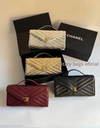 Lambskin Chevron Quilted Top Handle Envelope Clutch (Beige)