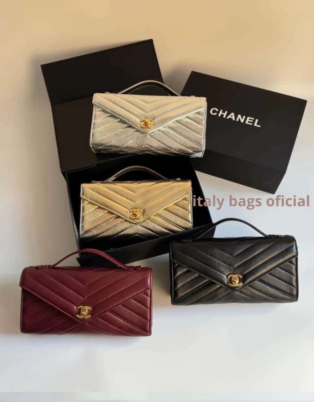 Lambskin Chevron Quilted Top Handle Envelope Clutch (Beige)