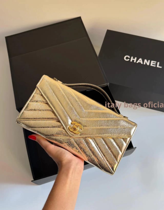 Lambskin Chevron Quilted Top Handle Envelope Clutch (Gold)