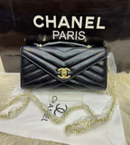 Lambskin Chevron Quilted Top Handle Envelope Clutch (Black)