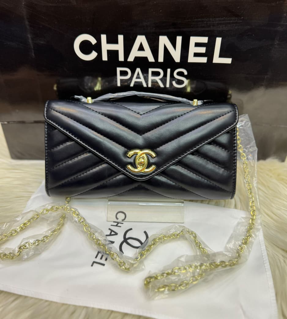 Lambskin Chevron Quilted Top Handle Envelope Clutch (Black)