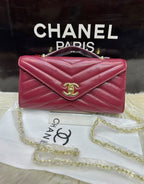 Lambskin Chevron Quilted Top Handle Envelope Clutch (Red)
