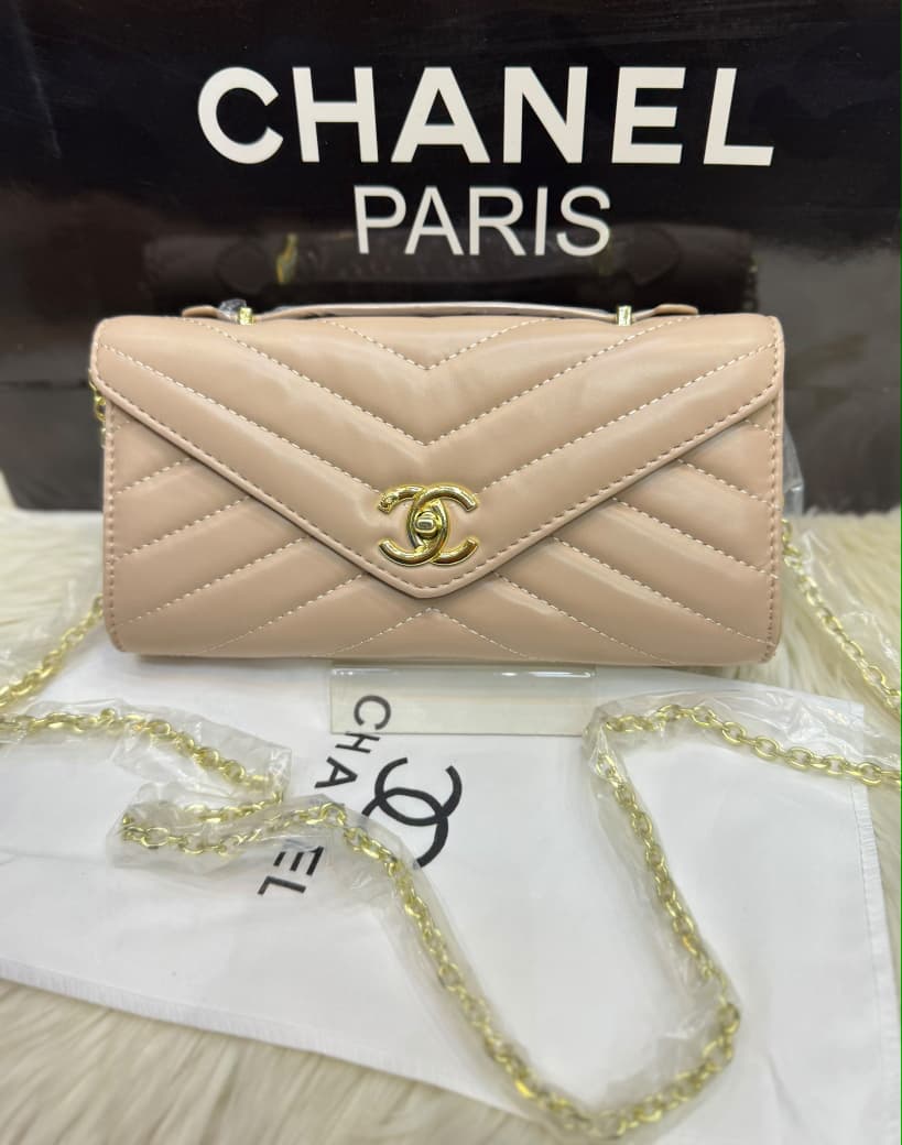 Lambskin Chevron Quilted Top Handle Envelope Clutch (Beige)