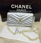 Lambskin Chevron Quilted Top Handle Envelope Clutch (Silver)