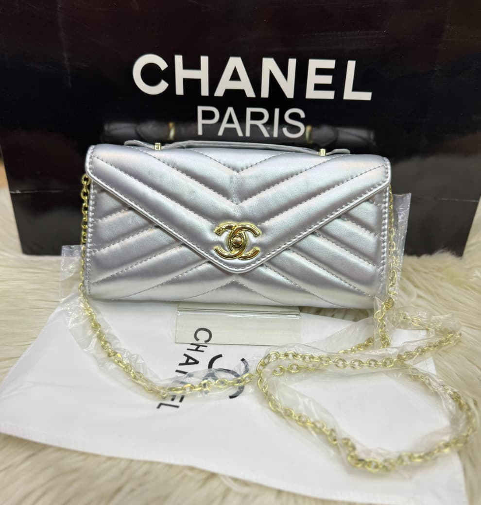 Lambskin Chevron Quilted Top Handle Envelope Clutch (Silver)
