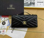 Lambskin Chevron Quilted Top Handle Envelope Clutch (Black)