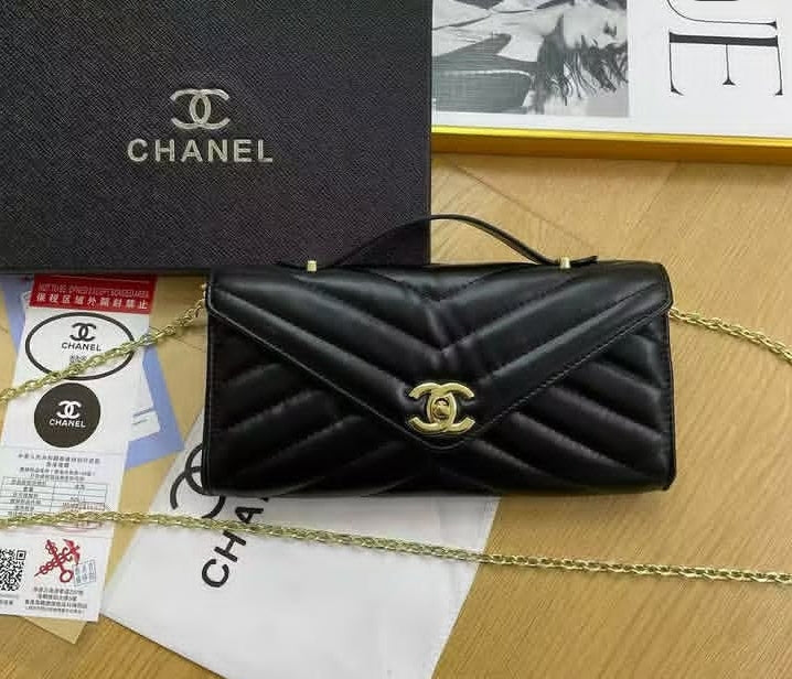 Lambskin Chevron Quilted Top Handle Envelope Clutch (Black)