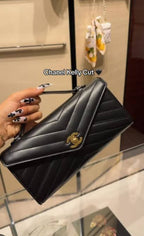 Lambskin Chevron Quilted Top Handle Envelope Clutch (Black)