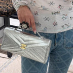 Lambskin Chevron Quilted Top Handle Envelope Clutch (Silver)