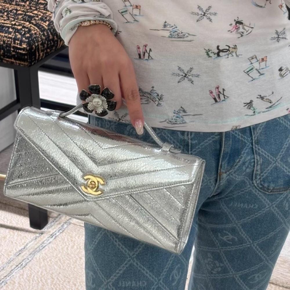 Lambskin Chevron Quilted Top Handle Envelope Clutch (Silver)