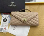 Lambskin Chevron Quilted Top Handle Envelope Clutch (Beige)