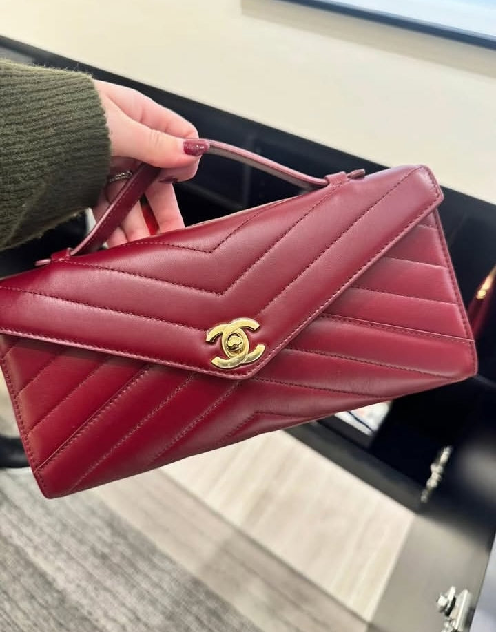Lambskin Chevron Quilted Top Handle Envelope Clutch (Red)