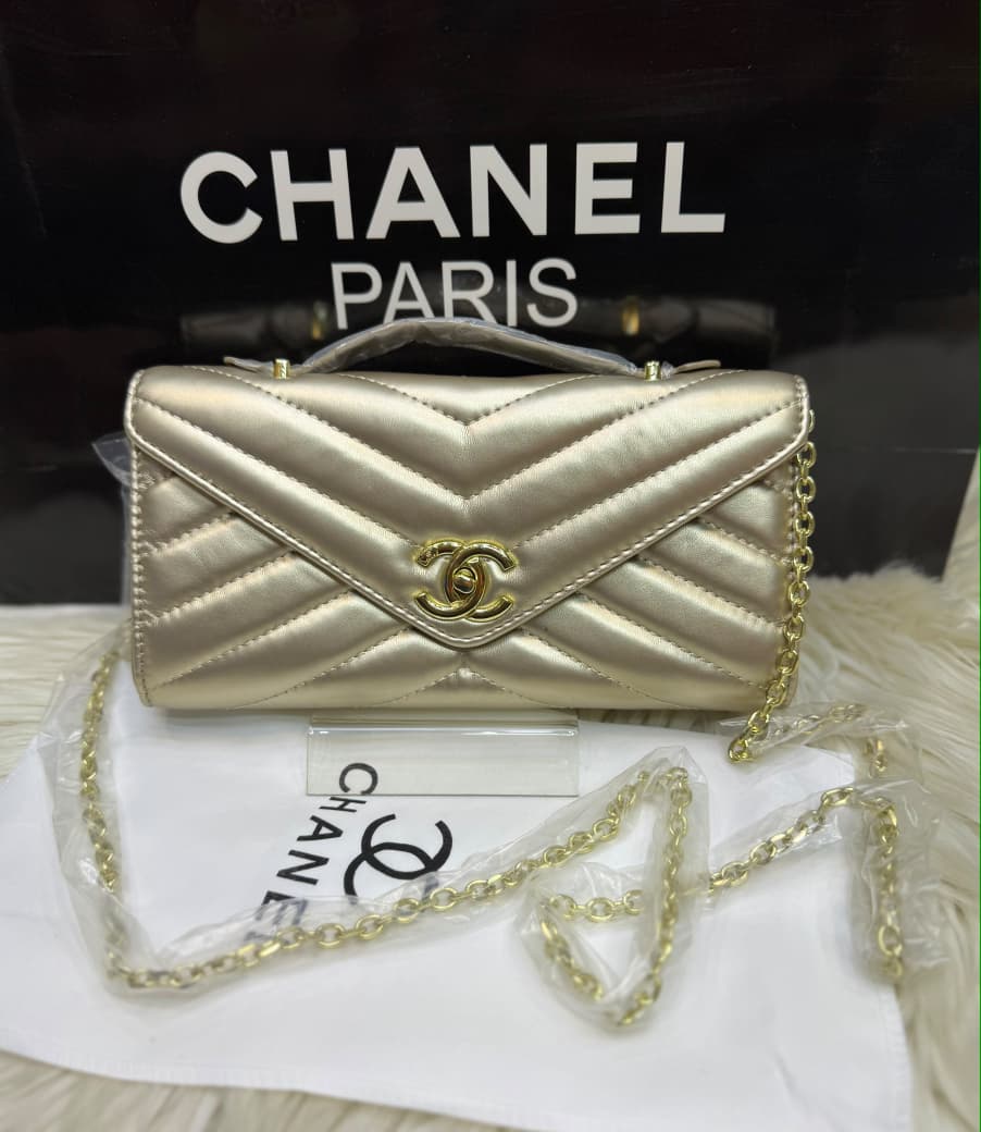 Lambskin Chevron Quilted Top Handle Envelope Clutch (Gold)