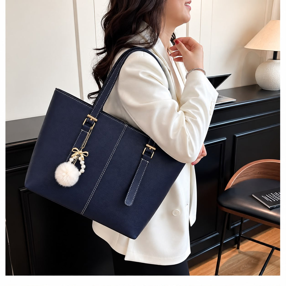 Master Quality PU Tote Bag for Women – Large Everyday Tote (Blue)