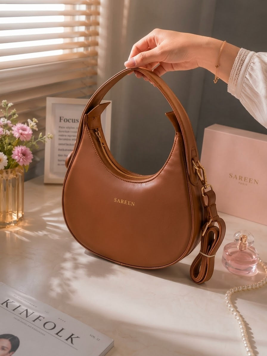 Women's Moon Bag – Stylish Everyday Handbag (Brown)