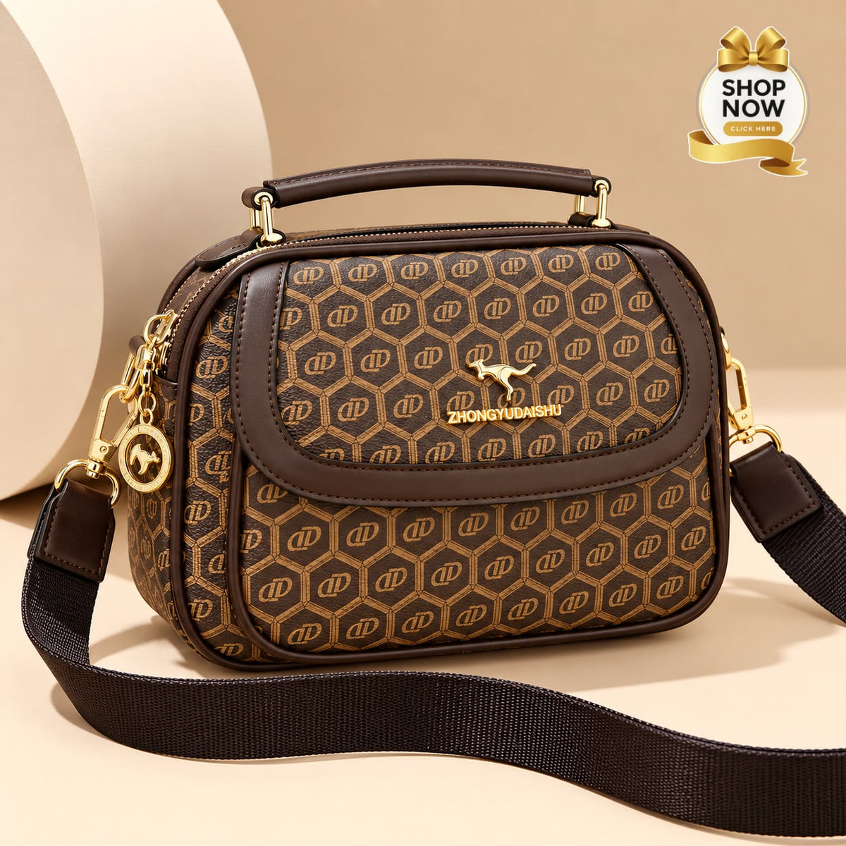 Medium Crossbody Bag for Women & Girls – Unique Handle Design (Brown)