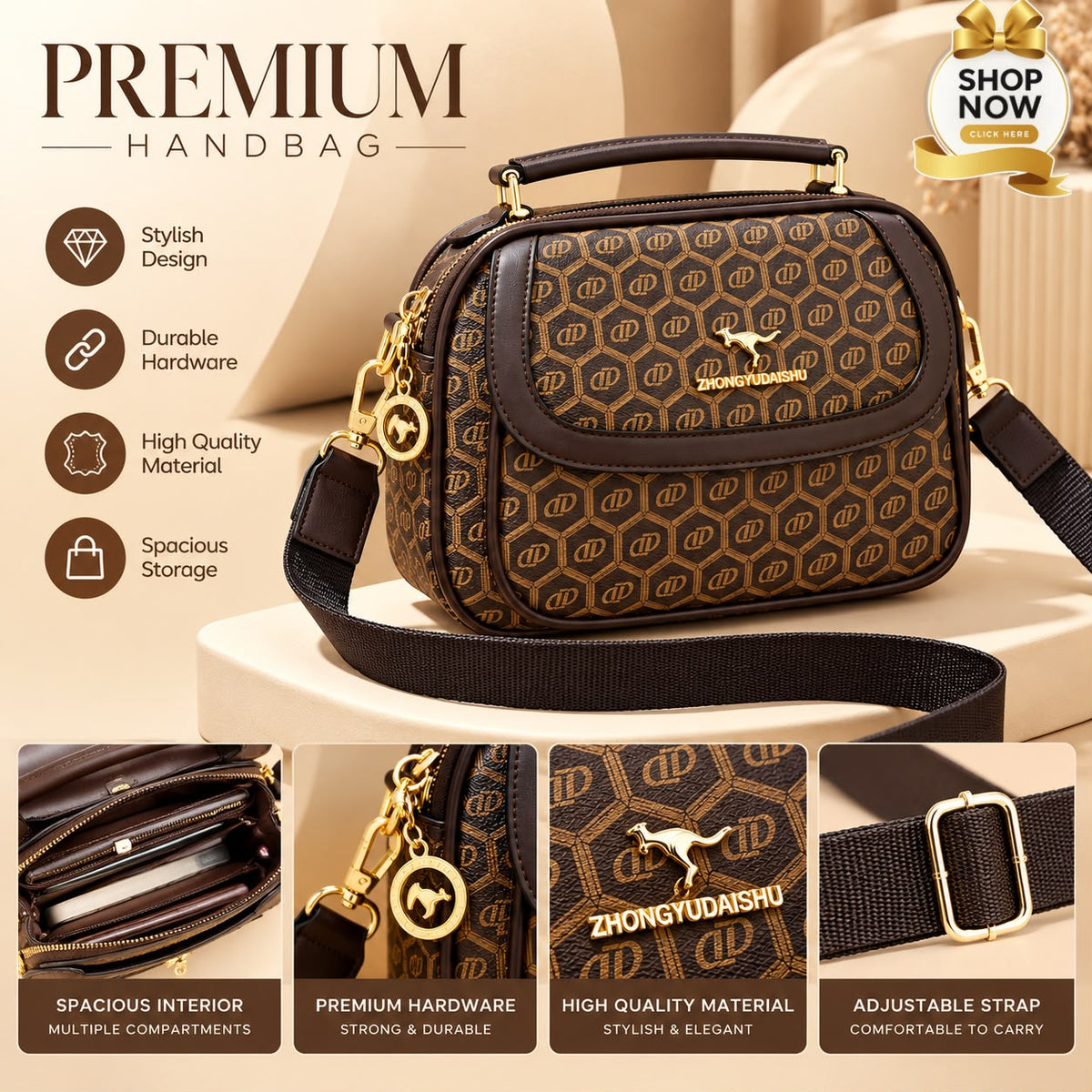 Medium Crossbody Bag for Women & Girls – Unique Handle Design (Brown)