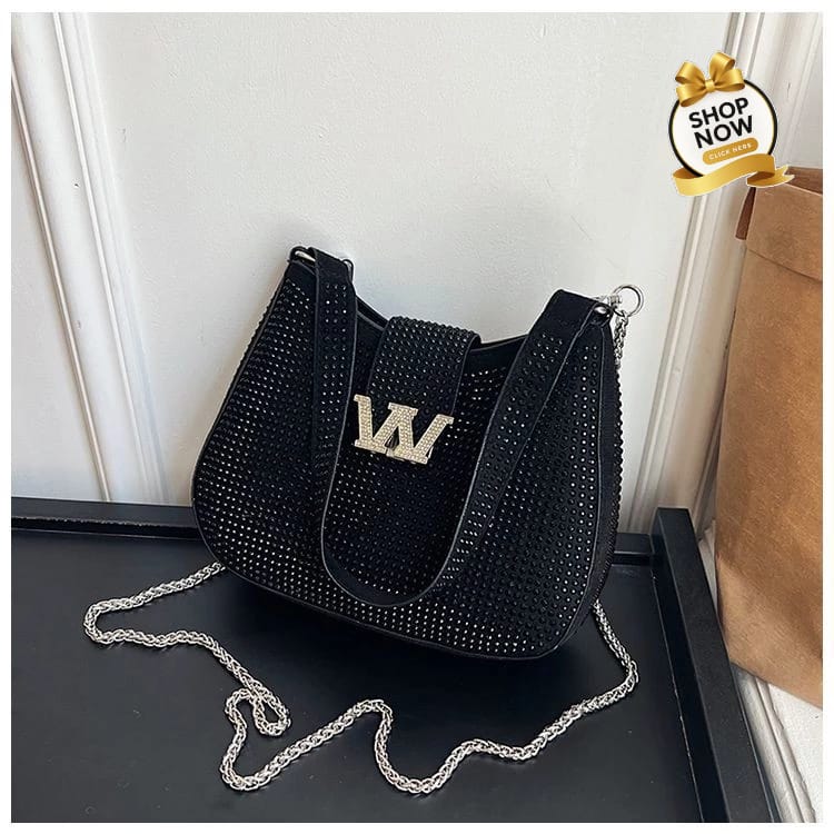 Stone Embellished Handbag & Crossbody Bag with Chain Strap (Black)