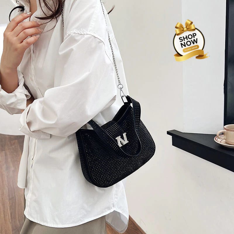 Stone Embellished Handbag & Crossbody Bag with Chain Strap (Black)