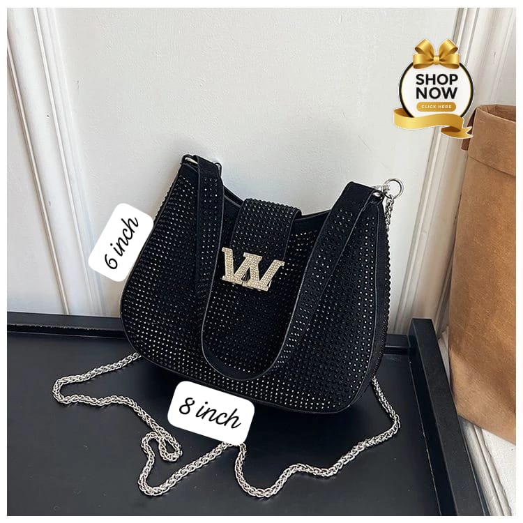 Stone Embellished Handbag & Crossbody Bag with Chain Strap (Black)