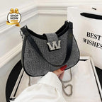 Stone Embellished Handbag & Crossbody Bag with Chain Strap (Black/Silver)