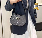 Stone Embellished Handbag & Crossbody Bag with Chain Strap (Black/Silver)