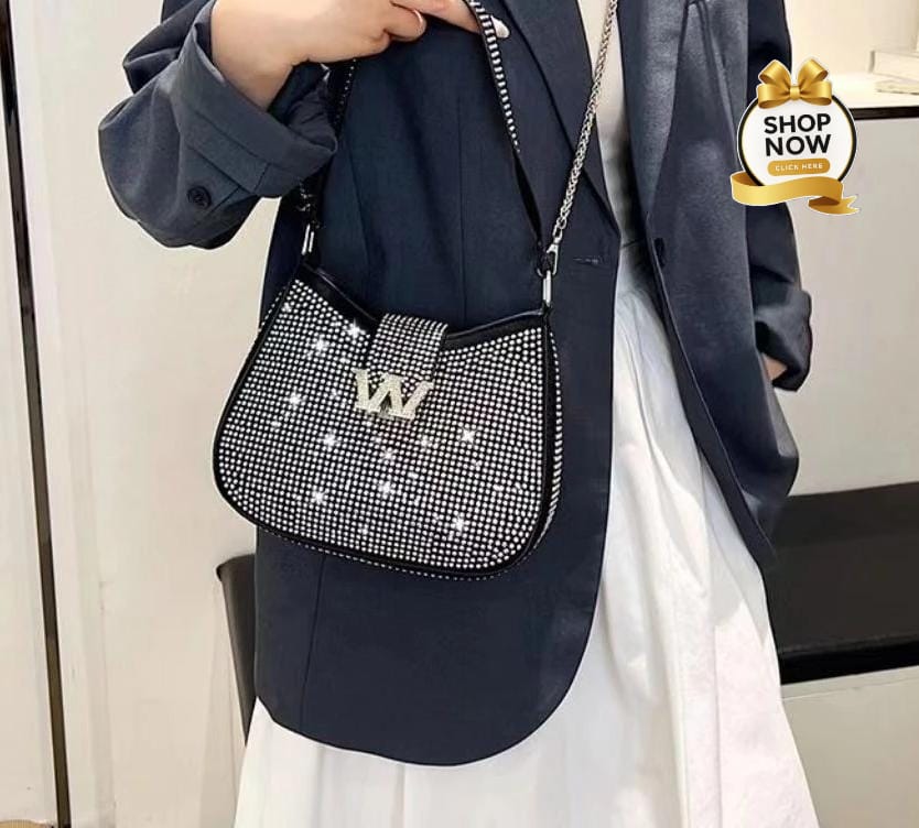Stone Embellished Handbag & Crossbody Bag with Chain Strap (Black/Silver)
