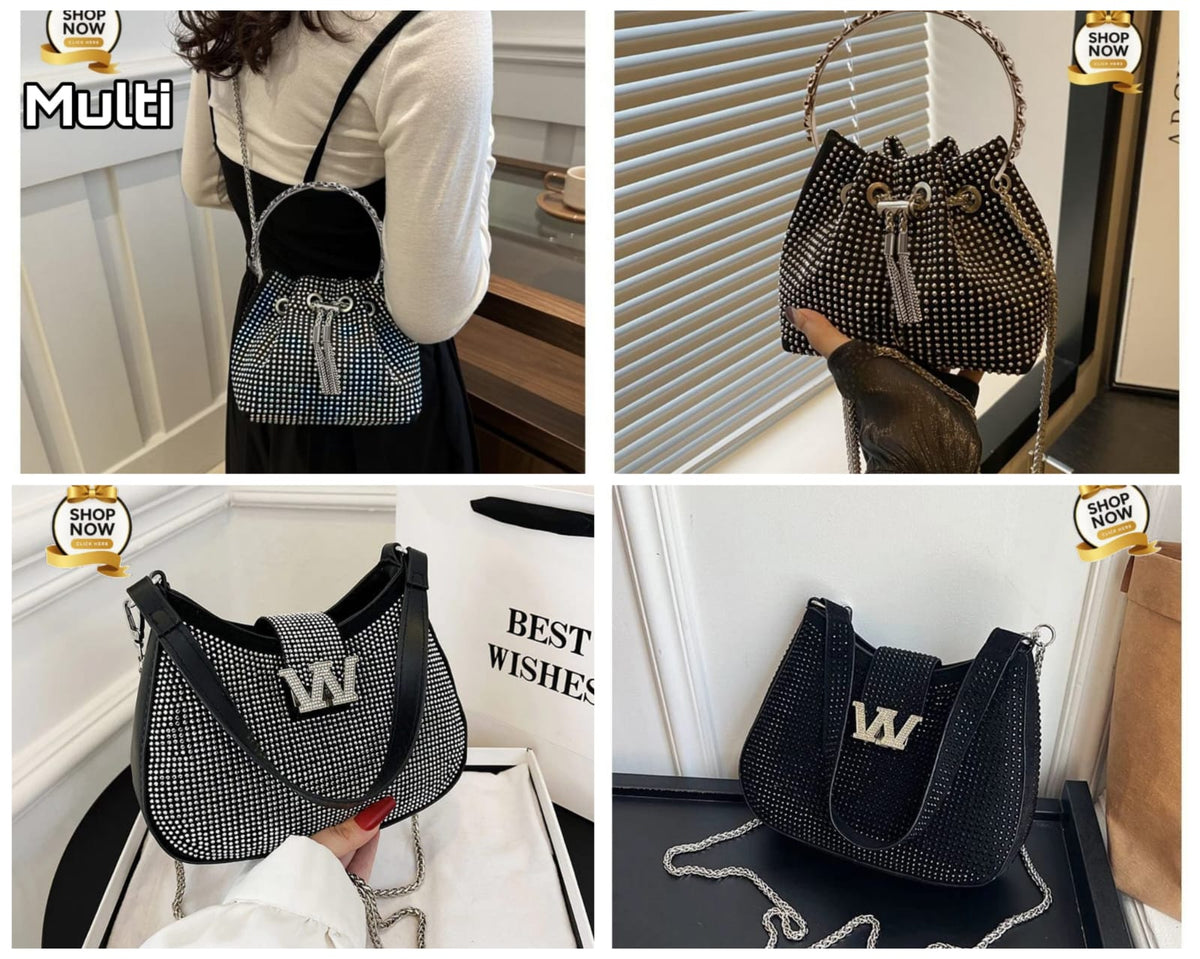 Stone Embellished Handbag & Crossbody Bag with Chain Strap (Black)