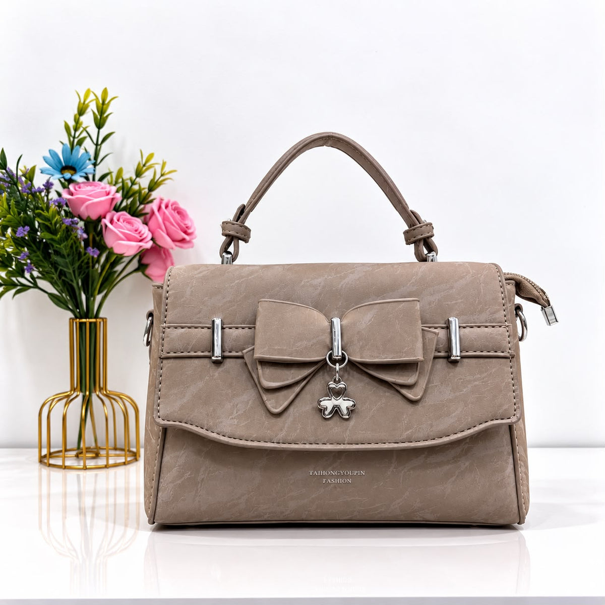 Women's Handbag & Crossbody Bag with Front Lock (Brown)