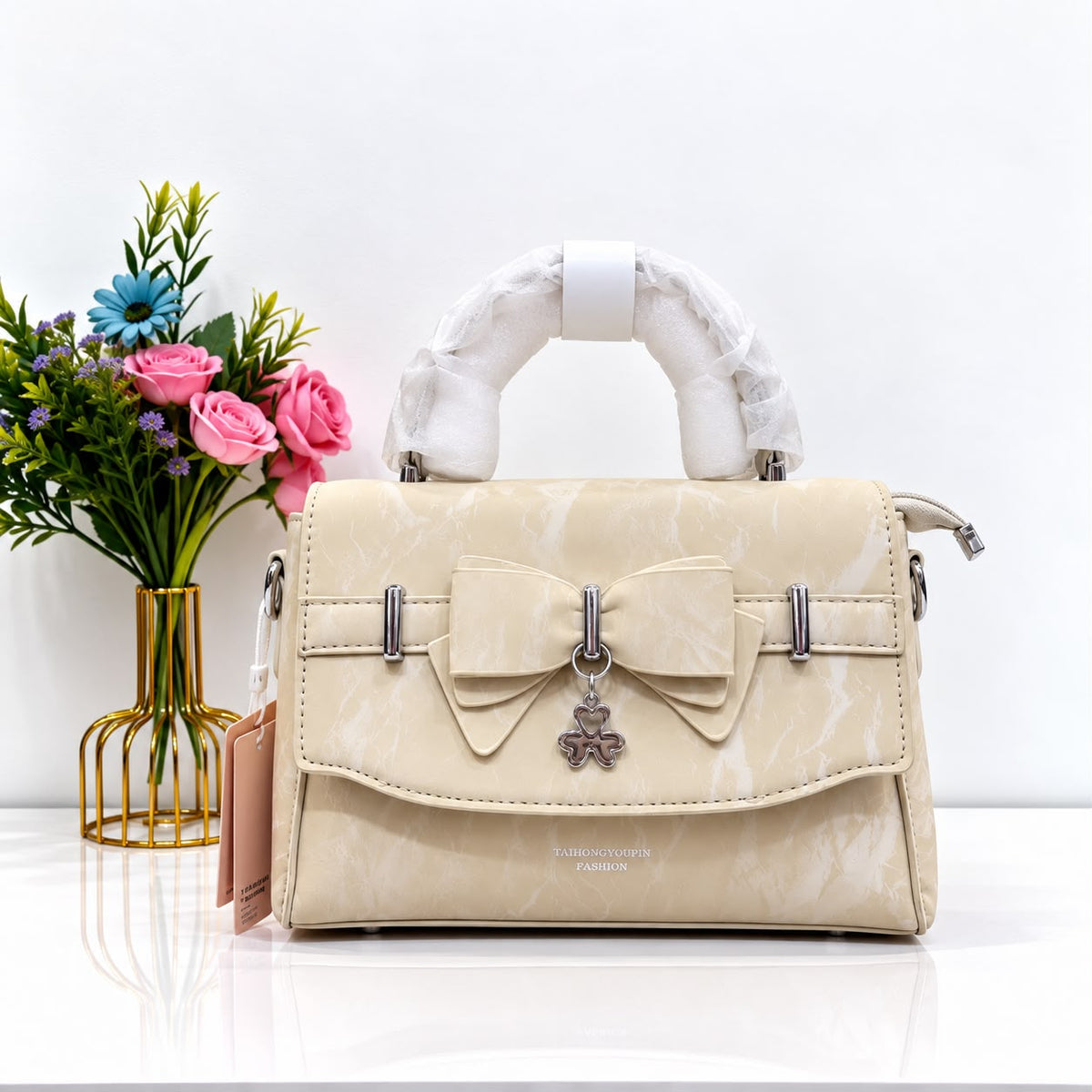 Women's Handbag & Crossbody Bag with Front Lock (Cream)