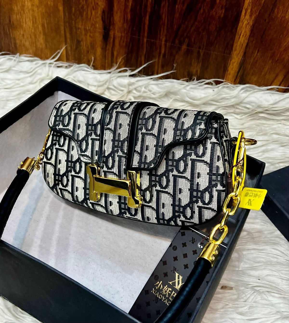 Women's Crossbody Bag with Long Strap – Printed Design (Black)
