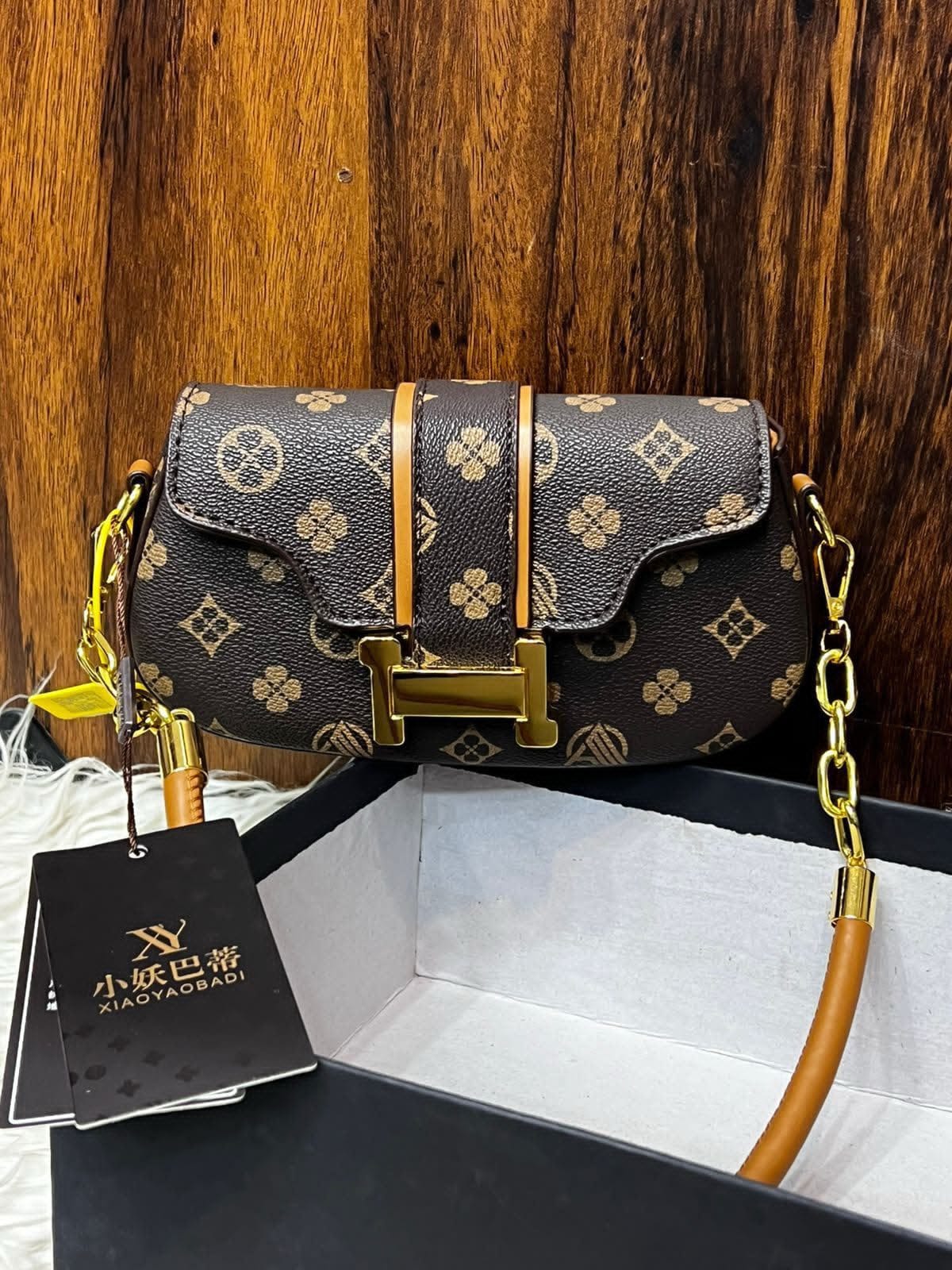 Women's Crossbody Bag with Long Strap – Printed Design (Brown)