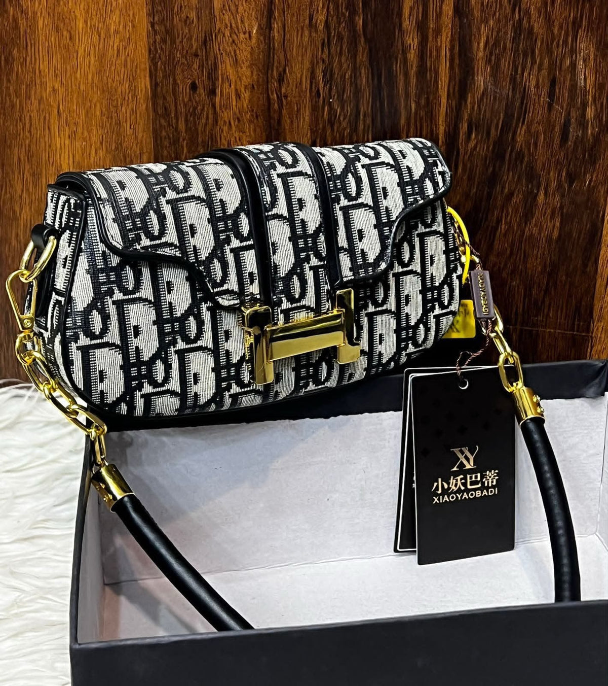 Women's Crossbody Bag with Long Strap – Printed Design (Black)