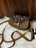 Women's Crossbody Bag with Long Strap – Printed Design (Brown/Mustard)