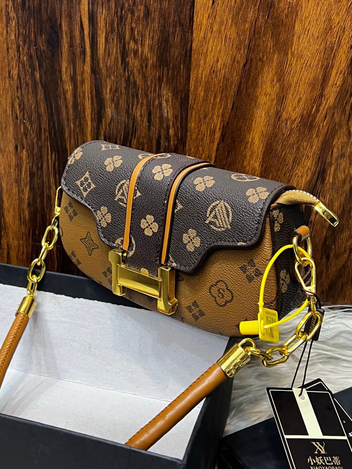 Women's Crossbody Bag with Long Strap – Printed Design (Brown/Mustard)