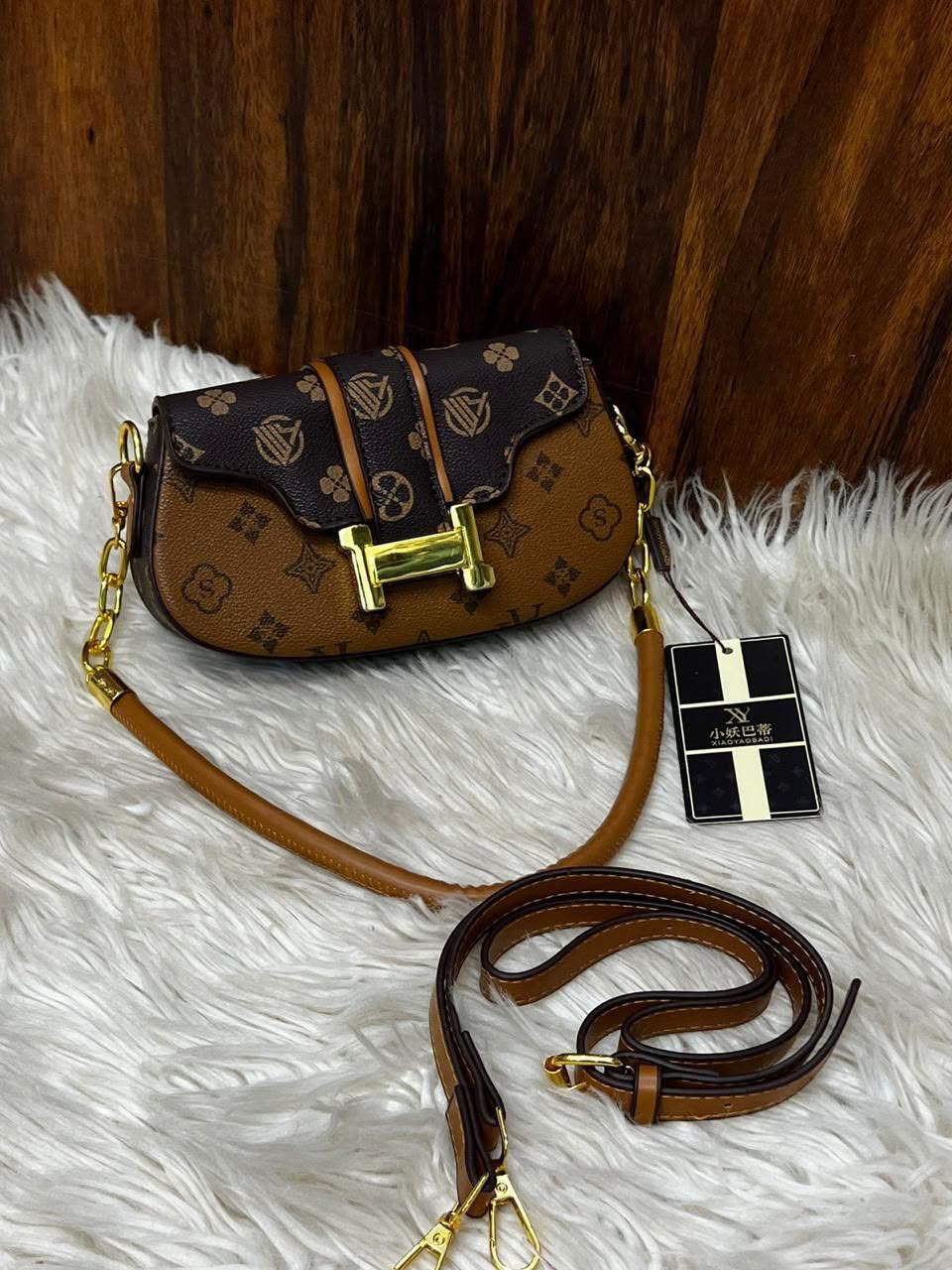 Women's Crossbody Bag with Long Strap – Printed Design (Brown/Mustard)