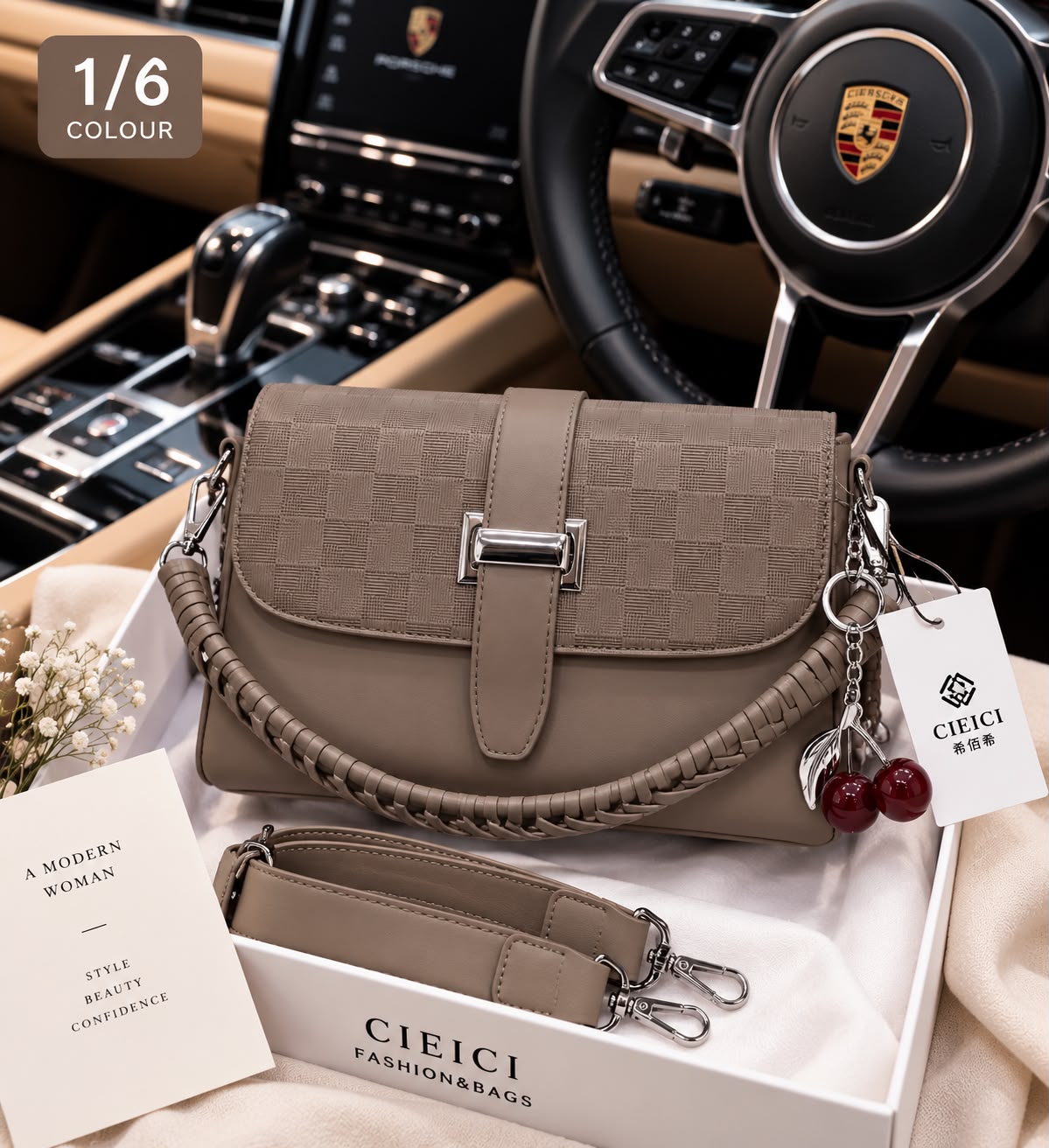 Women's Crossbody Bag with Cherry Keychain – Long Strap (Brown)