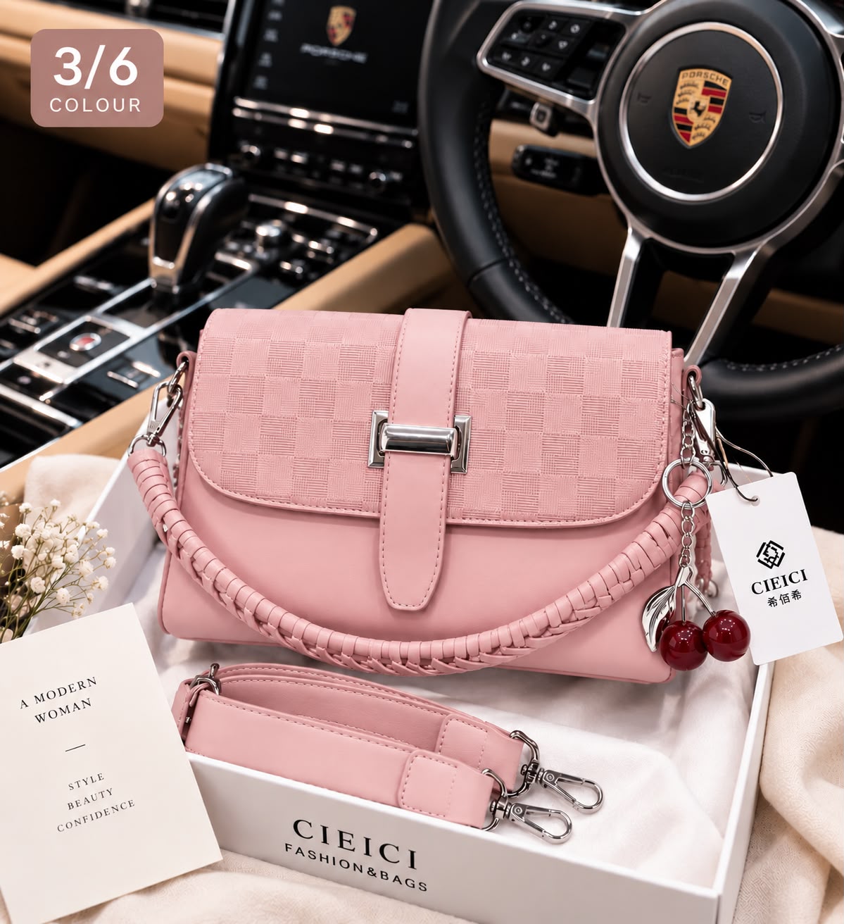 Women's Crossbody Bag with Cherry Keychain – Long Strap (Pink)