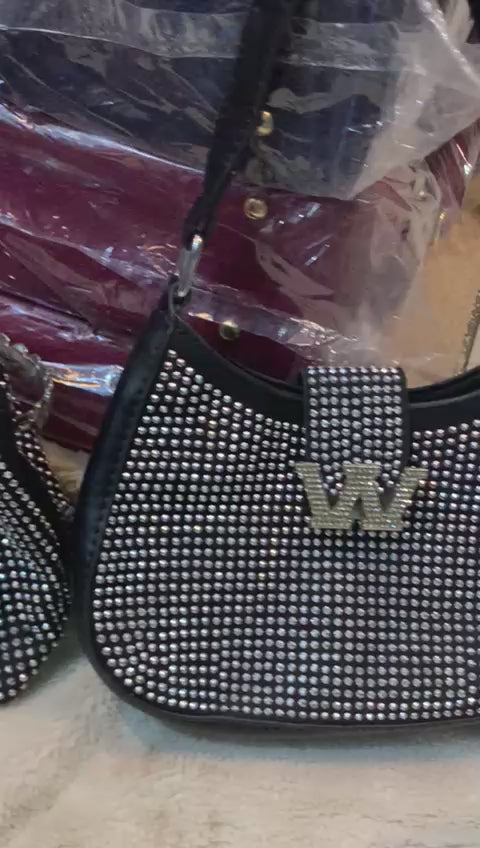 Stone Embellished Handbag & Crossbody Bag with Chain Strap (Black)